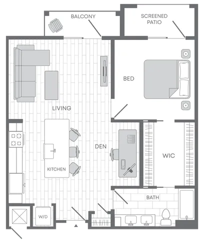 Modern floor plan showcasing a spacious living area, sleek kitchen, cozy den, balcony, screened patio, and luxurious bedroom with a walk-in closet.