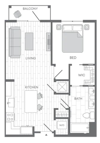 Modern open-concept floor plan featuring 1 bedroom, stylish kitchen with island seating, inviting living area, and cozy balcony.