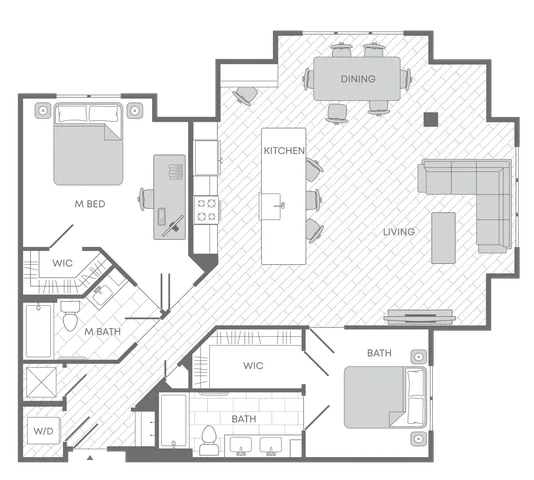 Elegant floor plan showcasing luxurious layout with two spacious bedrooms, open-concept kitchen and living area, dining space, two modern bathrooms, and walk-in closets.