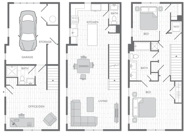 Contemporary three-story floor plan with 2 bedrooms, office/den, spacious kitchen, and modern garage layout.