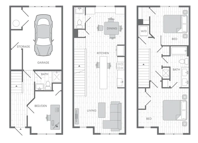 Modern multi-level floor plan with garage, bed/den, expansive kitchen and dining area, plus two cozy bedrooms and baths.