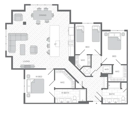 Elegant floor plan showcasing 3 bedrooms, master suite with private bath, expansive open living and dining area, modern kitchen layout, and ample closet space.