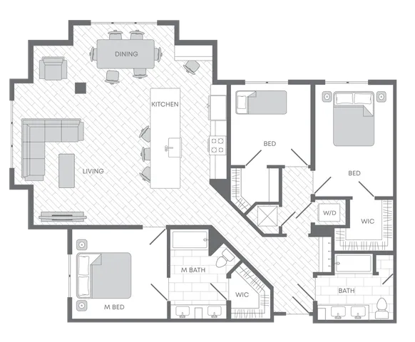 Elegant floor plan showcasing 3 bedrooms, including a master suite, open-concept living area with dining and kitchen, and two bathrooms.