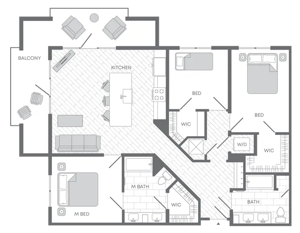 Modern floor plan showcasing 3 bedrooms, open kitchen with island, spacious living area, luxurious master suite, and a cozy balcony.