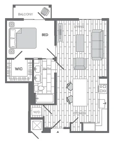 Modern floor plan showcasing a spacious one-bedroom apartment with an open-concept living and kitchen area, cozy balcony, luxurious bathroom, and a walk-in closet.