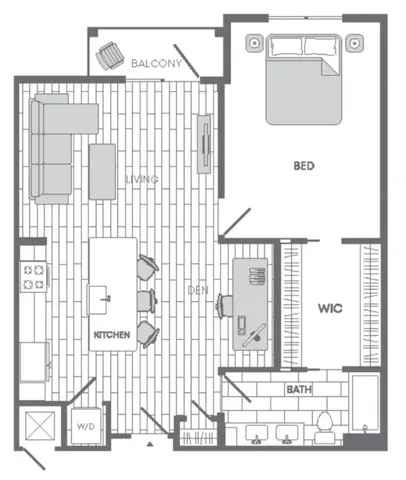 Contemporary floor plan featuring a spacious bedroom, open-concept kitchen with island, cozy living area, and private balcony.