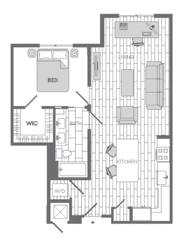 Modern floor plan with one bedroom, spacious walk-in closet, combined kitchen and living area, and convenient laundry space.