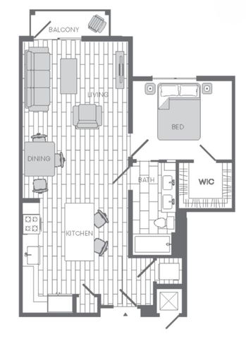 Modern floor plan highlighting a cozy one-bedroom apartment with an open-concept living and dining area, sleek kitchen, and private balcony.