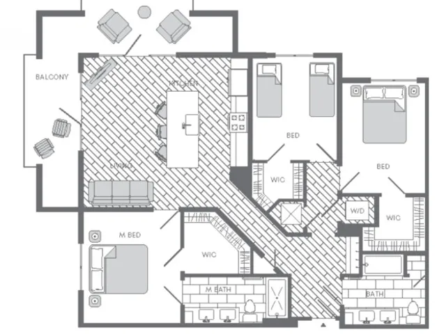 Elegant apartment floor plan showcasing 3 bedrooms, open kitchen with dining space, cozy living room, and a spacious balcony.
