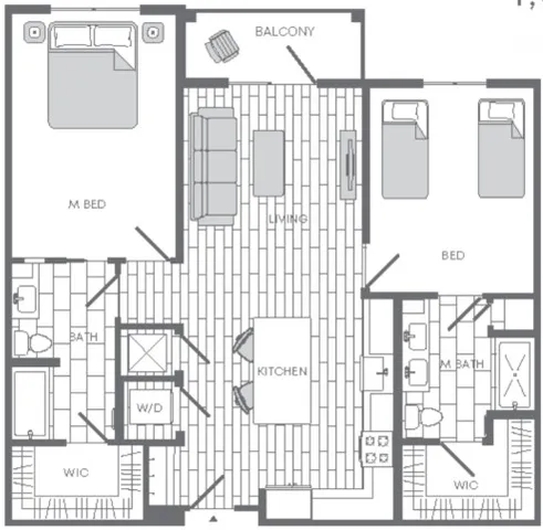Elegant floor plan showcasing 2 bedrooms, spacious living area, balcony, modern kitchen, and dual bathrooms with walk-in closets.