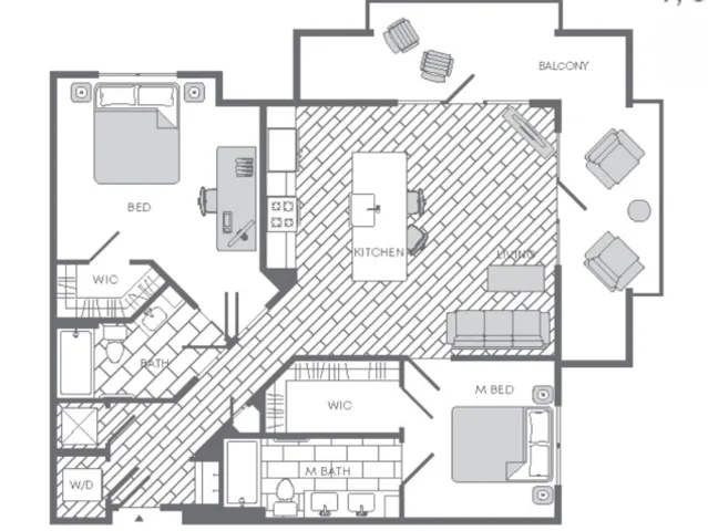 Modern 2-bedroom apartment floor plan with a master suite, open kitchen, cozy living area, and inviting balcony.