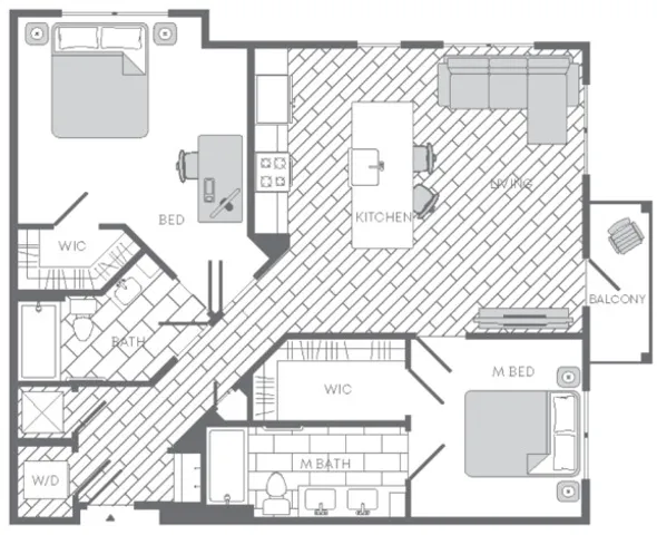 Contemporary floor plan showcasing 2 bedrooms, spacious kitchen with island, open living area, and private balcony.