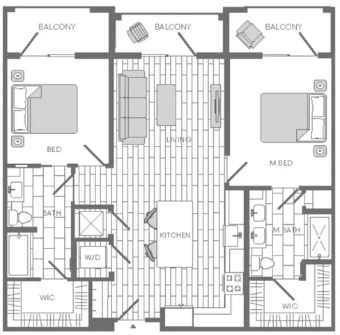 Contemporary floor plan featuring 2 bedrooms, a spacious living area, and three balconies for an airy ambiance.