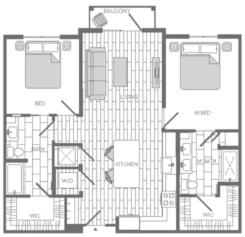 Inviting floor plan showcasing 2 bedrooms with walk-in closets, 2 bathrooms, open kitchen, and cozy living area leading to a private balcony.