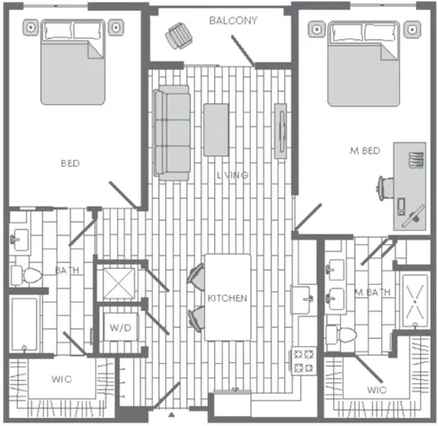 Charming floor plan featuring 2 bedrooms, a cozy living area with a balcony, a modern kitchen, and two bathrooms with walk-in closets.