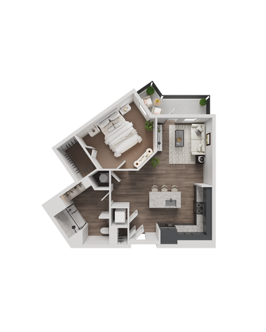 Modern 3D floor plan showcasing a cozy one-bedroom apartment with open kitchen, stylish living room, and private bathroom.