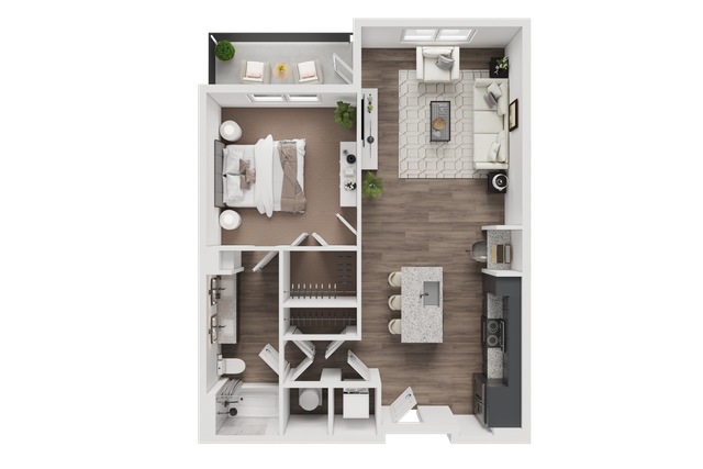 Contemporary 1-bedroom apartment floor plan with open-concept living room, modern kitchen, and cozy balcony.