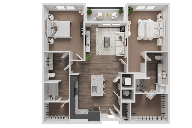 Modern 2-bedroom apartment floor plan with an open-concept living and kitchen area, featuring stylish furnishings and elegant finishes.