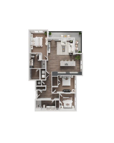 Chic 3D floor plan showcasing 3 bedrooms, sleek kitchen with island, modern living space, and spacious balcony.