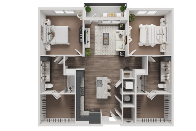 Elegant 3D floor plan featuring 2 bedrooms, a cozy living room, modern kitchen, and two stylish bathrooms with ample closet space.
