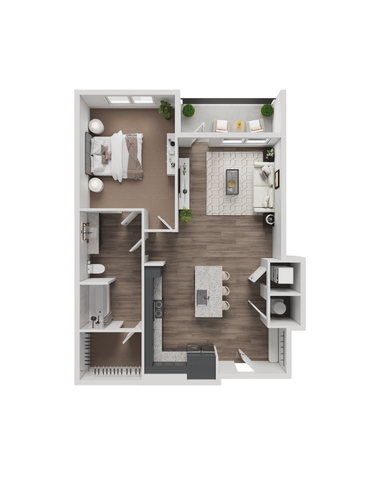 Modern floor plan showcasing an elegant one-bedroom apartment with an open-concept living room, stylish kitchen with island, and private balcony access.