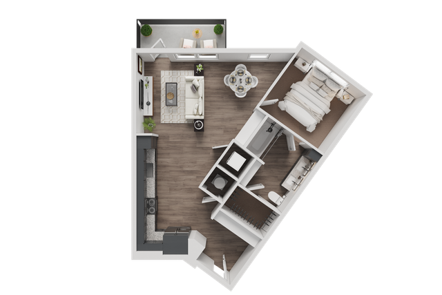 Modern 3D floor plan featuring a cozy one-bedroom apartment with an open-concept living area, stylish kitchen, and balcony.