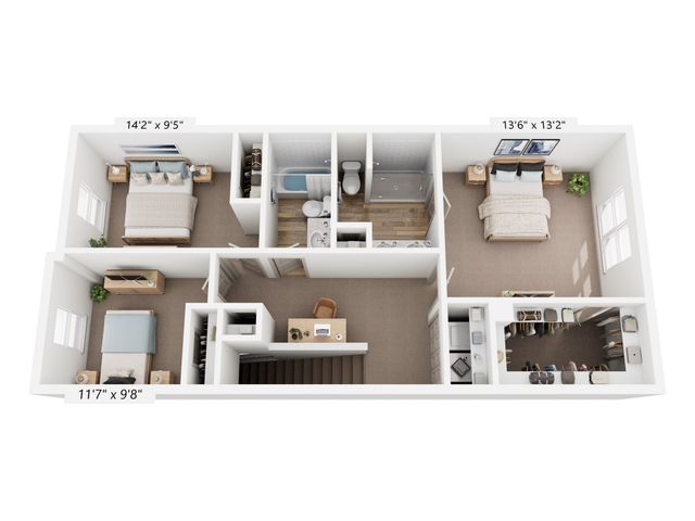 Inviting 3D floor plan showcasing 3 spacious bedrooms, modern bathroom, and cozy living area with ample natural light.