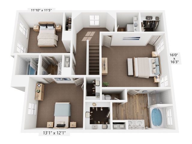 Elegant 3D floor plan showcasing a modern apartment with three spacious bedrooms, a luxurious double-vanity bathroom, and ample closet space.