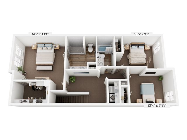 Modern 3D floor plan with three cozy bedrooms, spacious bathroom, and abundant natural light for a comfortable living space.