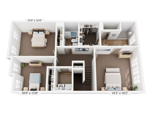 Modern 3D floor plan featuring three bedrooms, a walk-in closet, and a spacious bathroom for luxurious living.