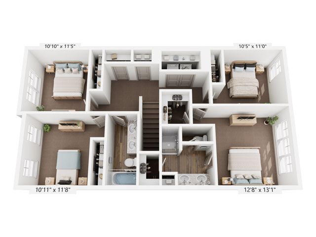 Charming 3D floor plan showcasing 3 spacious bedrooms, elegant bathrooms, cozy living spaces, and natural light in every room.