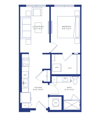 Modern floor plan showcasing a cozy one-bedroom apartment with a spacious living room, efficient kitchen, walk-in closet, and a well-appointed bathroom.