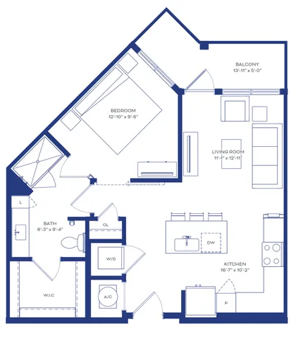 Contemporary 1-bedroom apartment floor plan featuring an open-concept kitchen, spacious living room, and a private balcony.