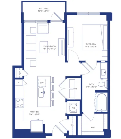 Contemporary floor plan showcasing a 1-bedroom apartment with an open-concept kitchen and living room, private balcony, and spacious bathroom.
