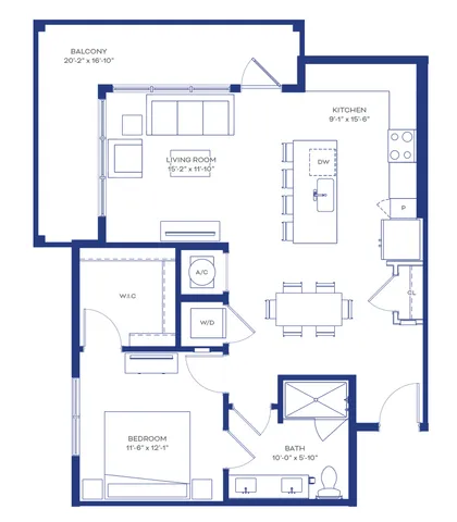 Contemporary 1 bedroom floor plan featuring an open-concept kitchen, expansive living room, and spacious balcony.