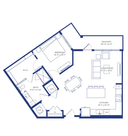 Modern floor plan showcasing a spacious 1-bedroom apartment with a large living room, open kitchen, generous balcony, and a luxurious bathroom with walk-in closet.