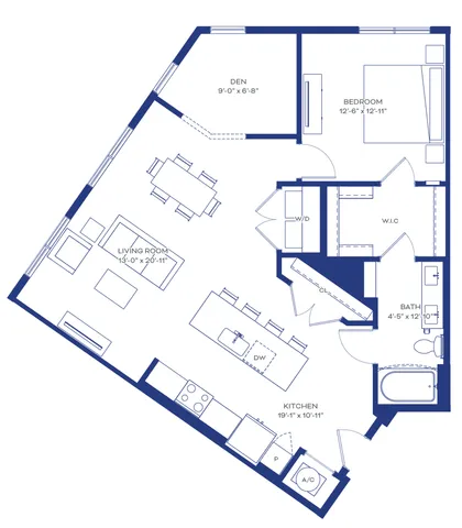 Modern 1-bedroom floor plan with a den, expansive living room, gourmet kitchen, and luxury bath.