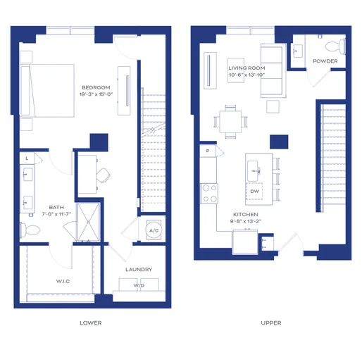 Contemporary two-level floor plan featuring a spacious bedroom and bathroom on the lower level, with an inviting open-concept living room and modern kitchen on the upper level. Includes walk-in closet, laundry area, and powder room for convenience.
