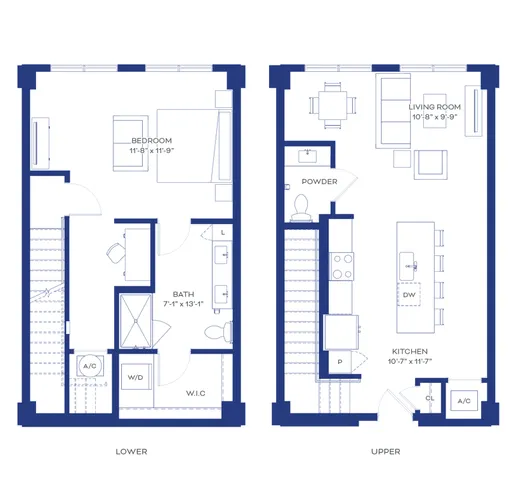 Modern duplex floor plan showcasing a cozy bedroom, spacious kitchen, living room, and powder room on two levels.