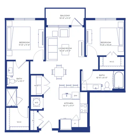 Elegant floor plan showcasing a modern apartment with 2 spacious bedrooms, 2 luxurious bathrooms, an open kitchen, dining area, a cozy living room, and a charming balcony.