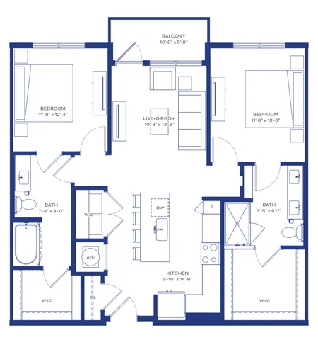 Elegant floor plan showcasing a spacious 2-bedroom apartment with an expansive living room, modern kitchen with island, two bathrooms, walk-in closets, and a private balcony.