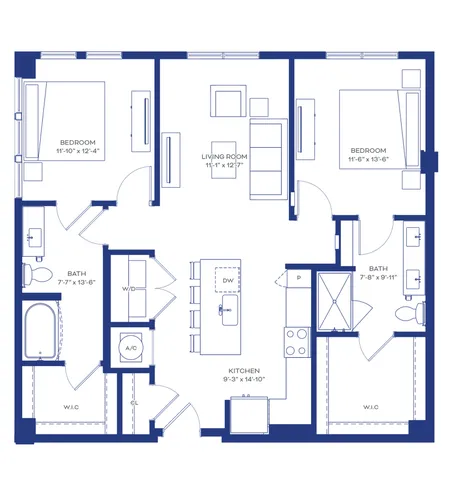 Sophisticated floor plan featuring 2 spacious bedrooms, open-concept living room, modern kitchen with island, and 2 luxurious baths.