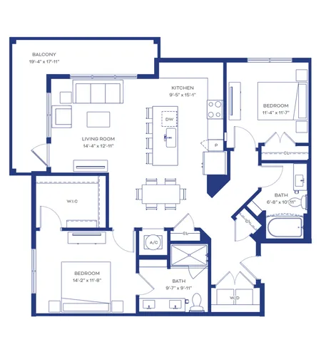 Chic apartment floor plan showcasing 2 spacious bedrooms, open-concept living and kitchen area, with a large balcony and stylish bathrooms.