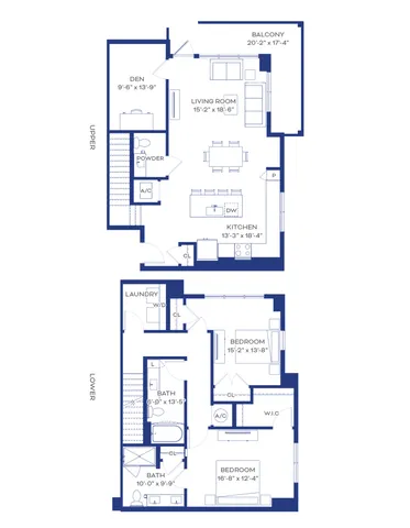 Chic 2-floor apartment floor plan showcasing 2 bedrooms, spacious living room, modern kitchen, and a private balcony.