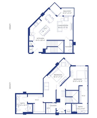 Modern two-level floor plan featuring 2 spacious bedrooms, open-concept kitchen, and living room with balcony. Includes luxury bathrooms, laundry area, and walk-in closets.