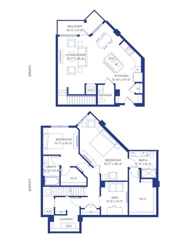 Elegant duplex floor plan featuring two spacious bedrooms, a cozy den, an open-concept kitchen, and a bright living room with balcony access.