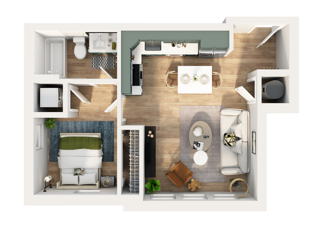 Charming 1-bedroom apartment floor plan showcasing an open-concept living area, modern kitchen, and stylish bathroom design.