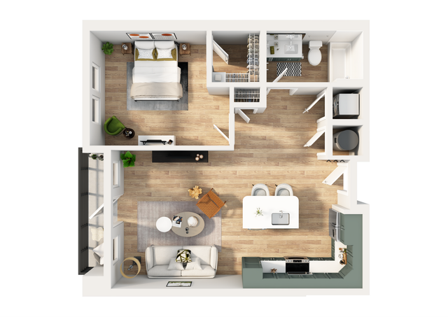 Modern one-bedroom apartment floor plan featuring open-concept living and dining area, stylish kitchen, and chic bathroom. Inviting space with contemporary design touches.
