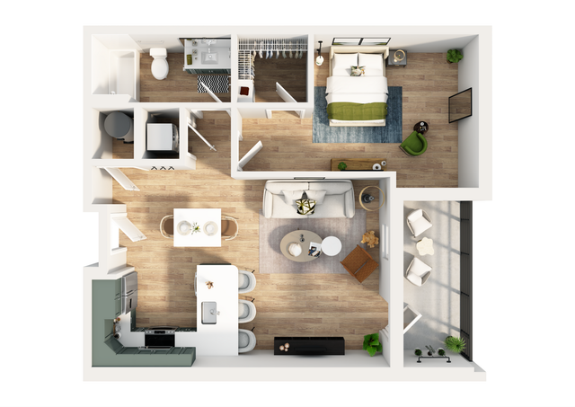 Modern 2D floor plan showcasing a cozy one-bedroom apartment with an open-concept living area, stylish kitchen, and inviting balcony space.