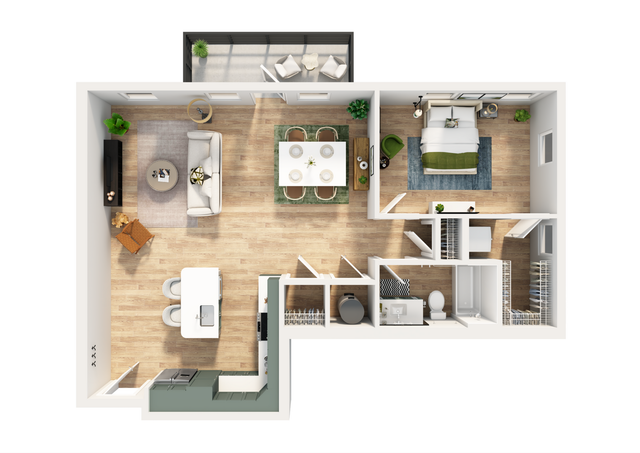 Modern 2D floor plan featuring a spacious 1-bedroom layout, open-concept living and dining area, a sleek kitchen with an island, and a cozy balcony space.